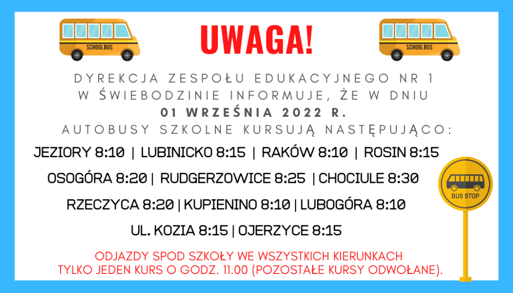 Kursy autobusów szkolnych w dniu 01 września 2022 r.