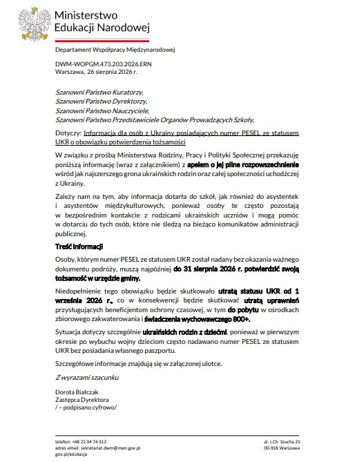 Informacja dla osób z Ukrainy posiadających numer PESEL ze statusem UKR o obowiązku potwierdzenia tożsamości