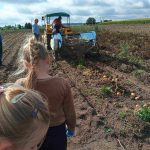 Dzieci obserwują żółty traktor zbierający cebulę na polu pod częściowo zachmurzonym niebem.